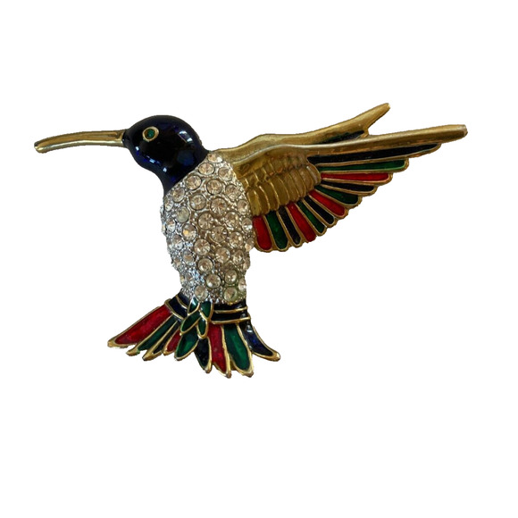 Vintage Enamel Bird Brooch Pin Rhinestones Red Black Gold Tone - Picture 1 of 5